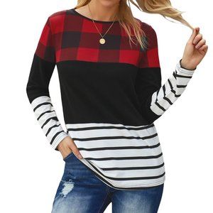 RED PLAID SPLICING STRIPED COLOR BLOCK LONG SLEEVE